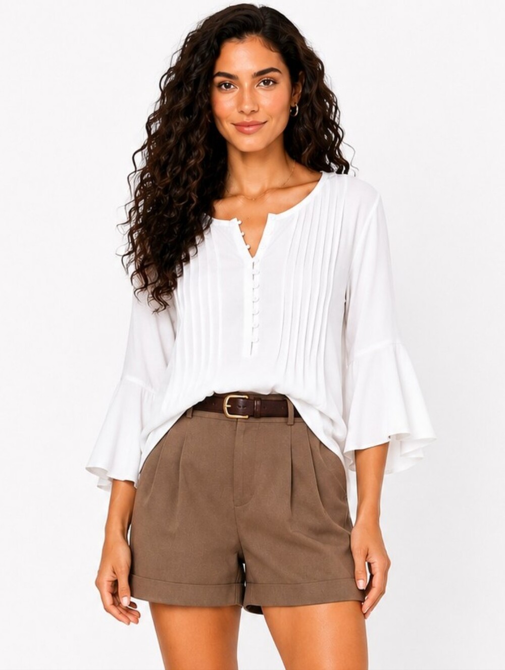 MISSLOOK White Pintuck Button-Front Peasant Blouse L
